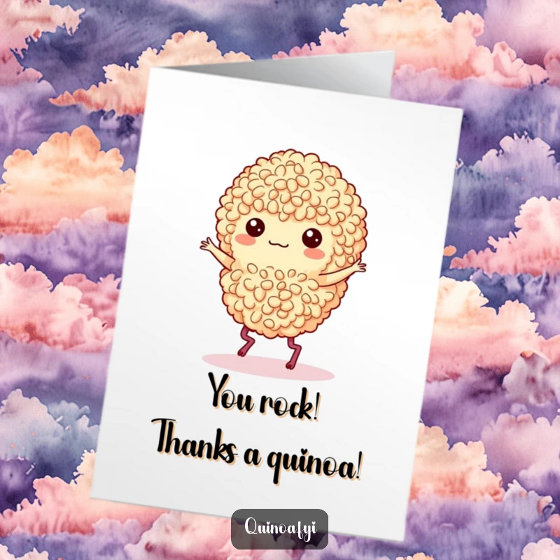 Funny Free Printable Thank You Card: Dancing Quinoa Cluster with Legs Doing a Lively Jig