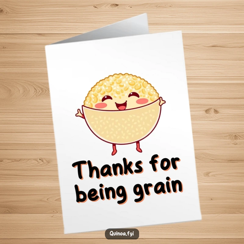 Funny Free Printable Thank You Card: Smiling quinoa bowl with tiny legs doing a joyous, energetic dance.