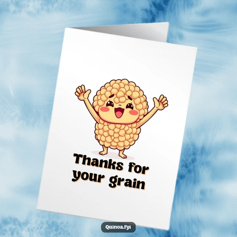 Funny Free Printable Thank You Card: Cheerful quinoa cluster with determined expression, arms raised in an energetic thank you gesture.