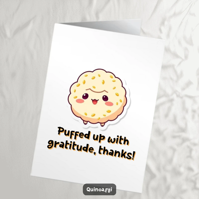 Funny Free Printable Thank You Card: Playful quinoa puff character floating with a mischievous smile, conveying thanks with a twinkle, ideal DIY gift.