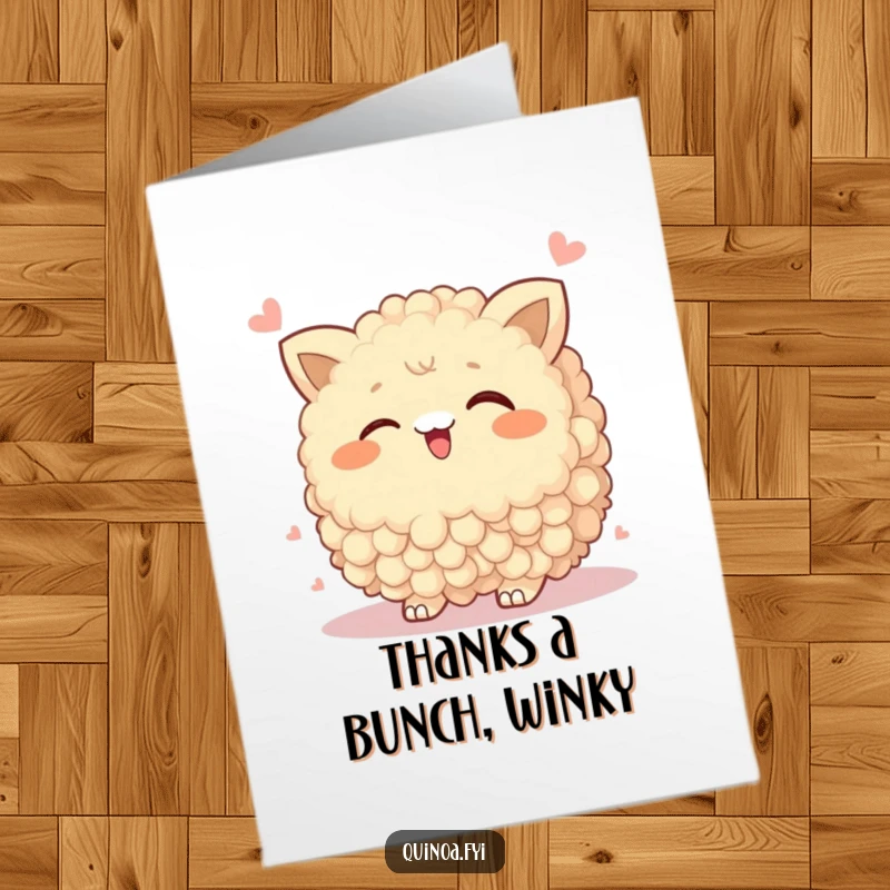 Funny Free Printable Thank You Card of a wobbly quinoa cluster winking playfully, conveying thanks with a hint of mischief.