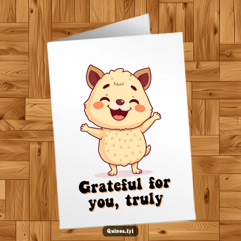 Funny Free Printable Thank You Card with a grinning quinoa blend doing a happy dance, expressing sincere thanks.