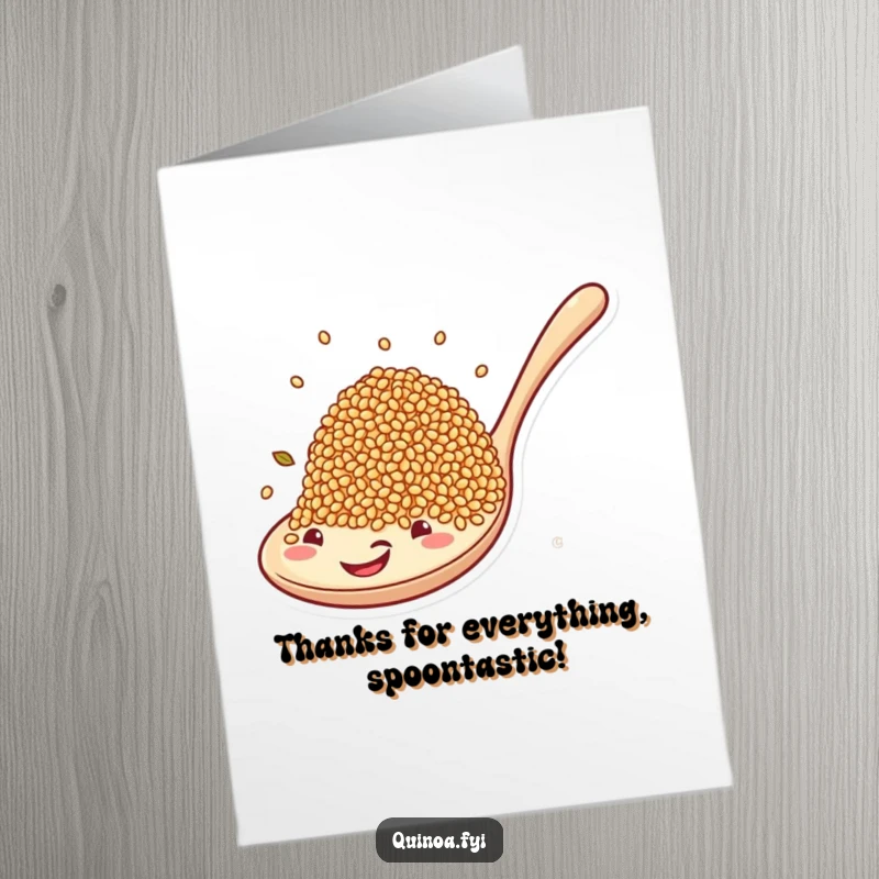 Funny Free Printable Thank You Card: Grateful quinoa grains riding a giant smiling spoon, conveying thanks.