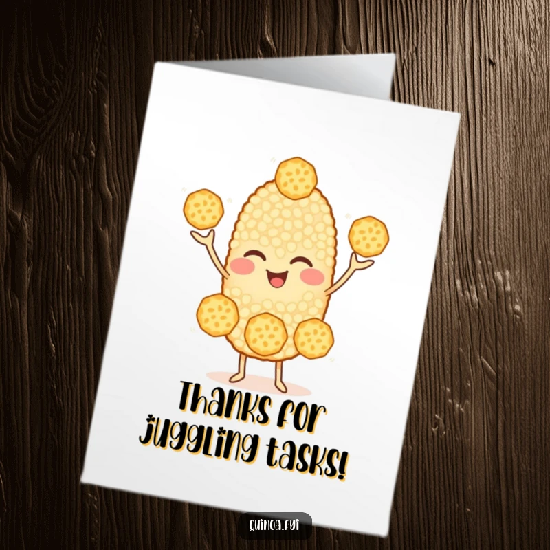 Funny Free Printable Thank You Card: Cheerful quinoa character juggling smaller grains and winking, a thank you with flair.