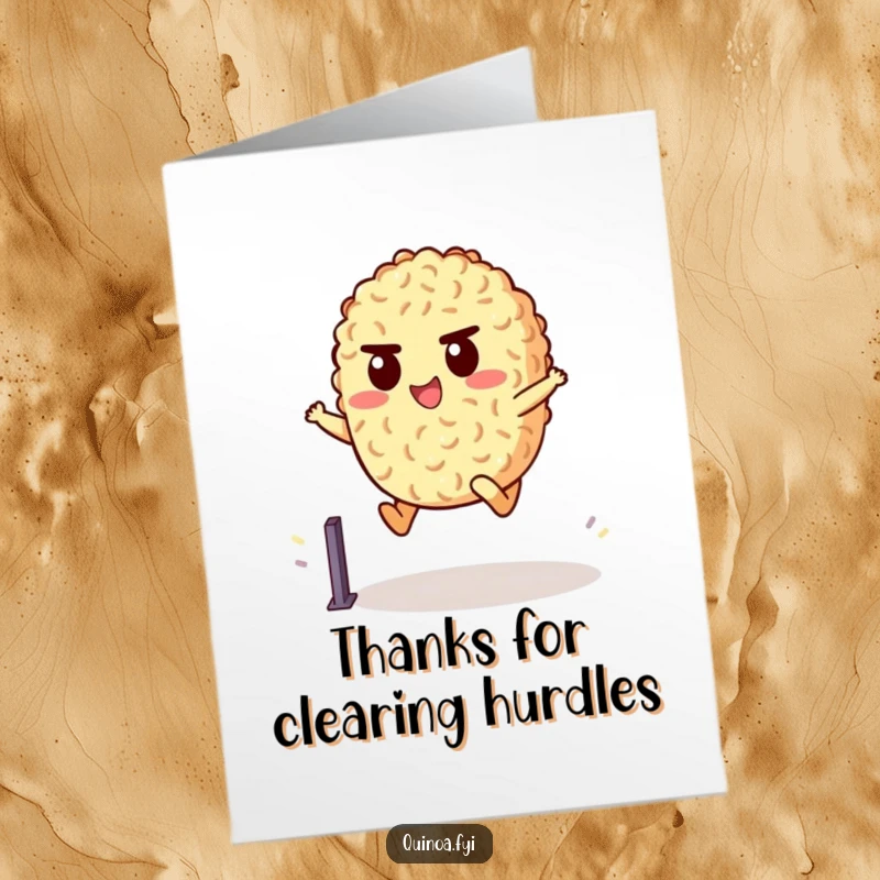 Funny Free Printable Thank You Card of a cheerful quinoa character with a determined expression, leaping over a small hurdle gracefully.