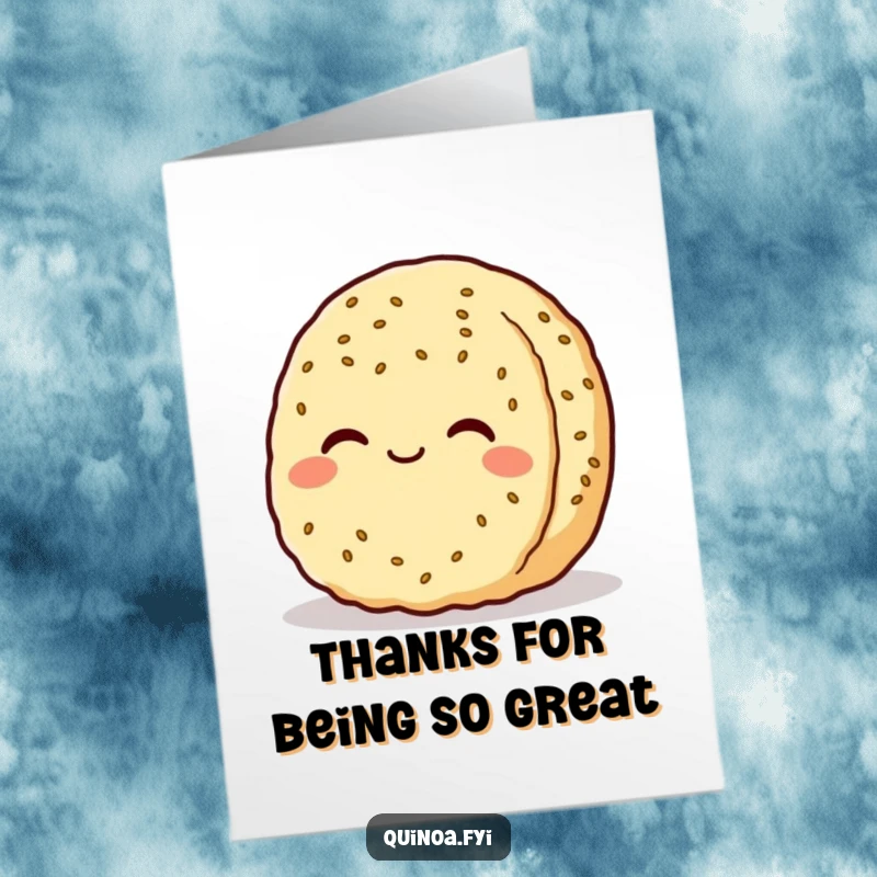 Funny Free Printable Thank You Card: Content quinoa patty character smiling serenely, conveying sincere thanks, perfect DIY gift.