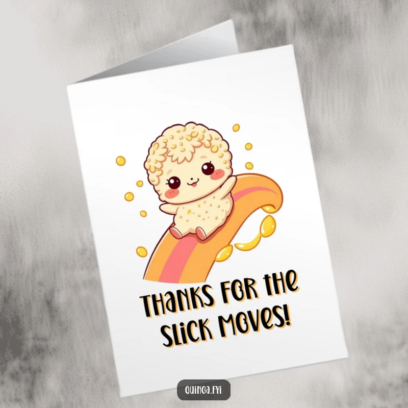 Funny Free Printable Thank You Card: Quinoa character slides down a vibrant oil rainbow, expressing thanks.