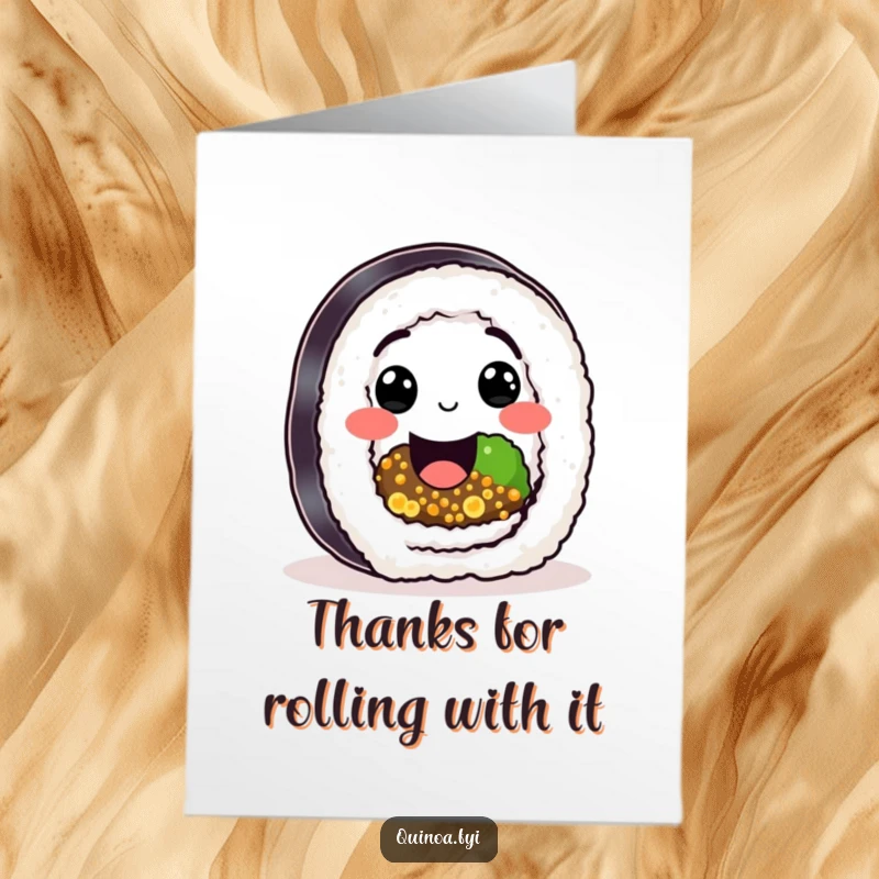 Funny Free Printable Thank You Card: A happy sushi roll character with a quinoa filling gives a big, heartwarming smile as a thank you.