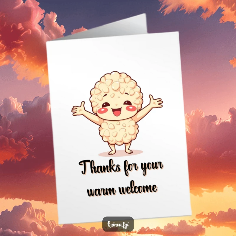 Funny Free Printable Thank You Card: A happy quinoa character with arms outstretched, offering a warm welcome and heartfelt thanks to the recipient.