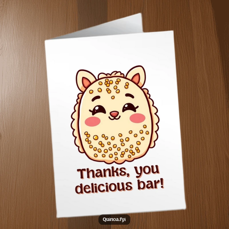 Funny Free Printable Thank You Card: A cheerful quinoa bar winks with a friendly smile, a delightful downloadable gift.