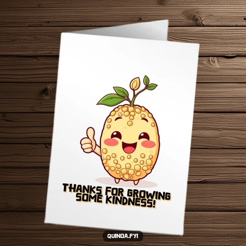 Funny free printable thank you card of a happy quinoa character with a sprout, giving a thumbs-up to show thanks.