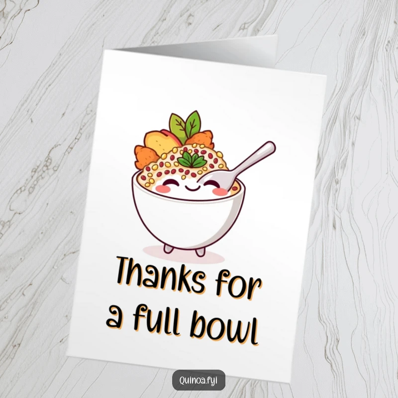 Funny Free Printable Thank You Card: Smiling quinoa bowl character playfully dipping a spoon to say thanks.