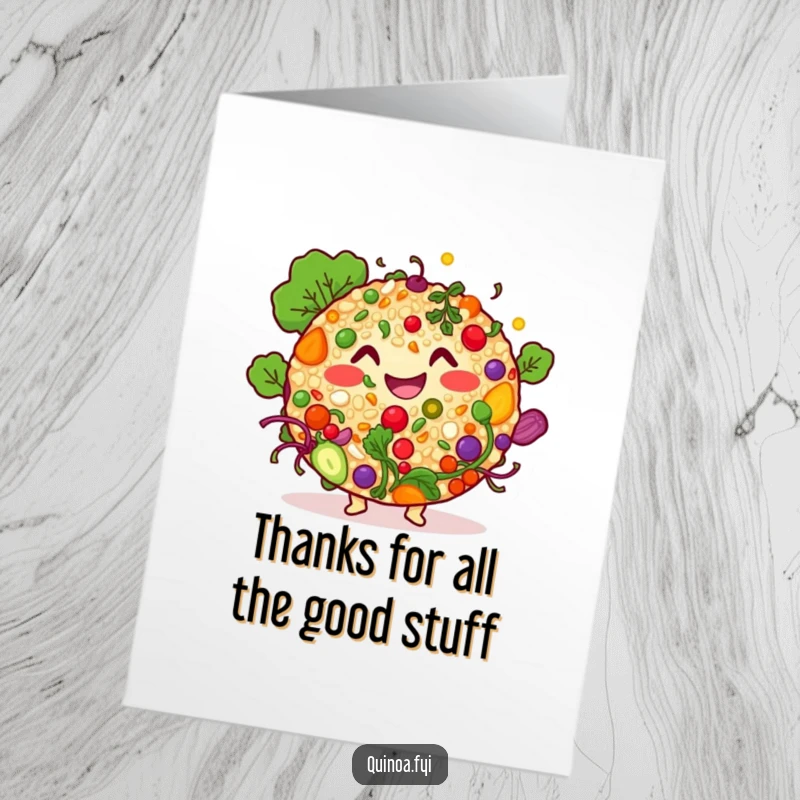 Funny Free Printable Thank You Card: Smiling quinoa salad character with happy ingredients, offering a warm thank you, ideal DIY gift.