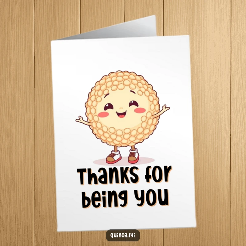 Free Printable Thank You Card: A smiling quinoa grain wearing tiny shoes spins with delight, a cute way to express thanks.