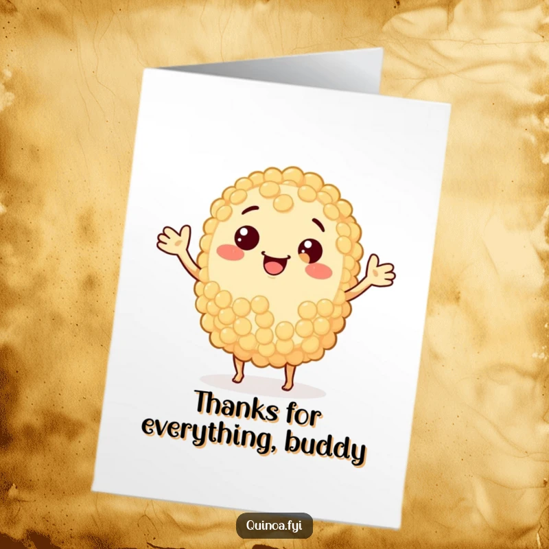 Funny Free Printable Thank You Card: A smiling quinoa grain waves hello, conveying thanks with a cheerful attitude.