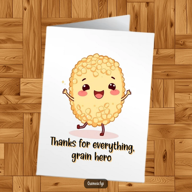 Funny Free Printable Thank You Card with a happy quinoa grain doing a joyful jig, expressing gratitude with a smile.