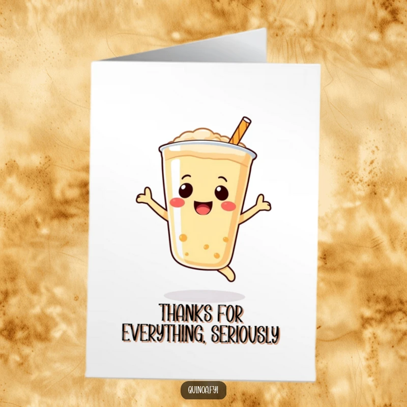 Funny Free Printable Thank You Card: Bubbly quinoa drink with smiley face leaping joyfully, expressing sincere thanks.