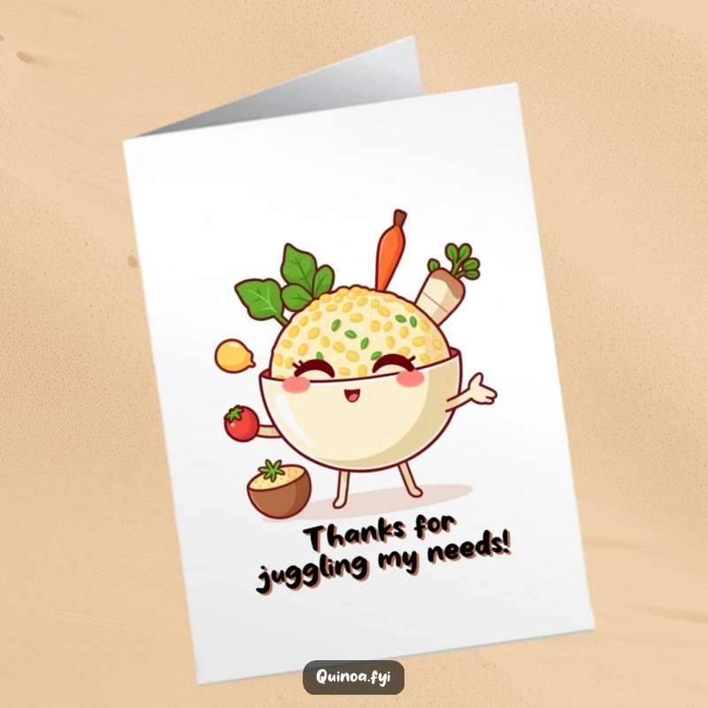 Funny free printable thank you card of a winking bowl of quinoa character juggling ingredients, adding a playful touch.
