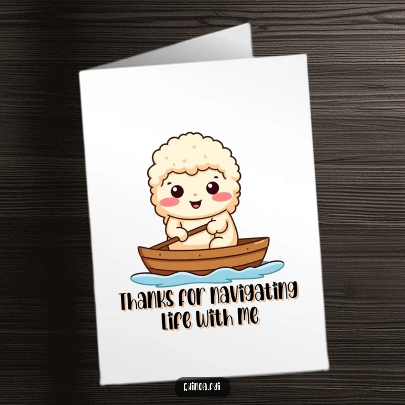 Funny Free Printable Thank You Card: A determined quinoa with a confident smile, rowing a tiny boat, symbolizing a journey completed with thanks.