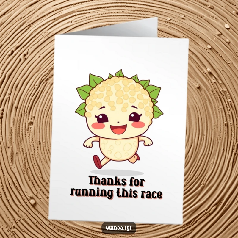 Funny Free Printable Thank You Card: A determined quinoa grain character grinning, ready to run as a thank you.