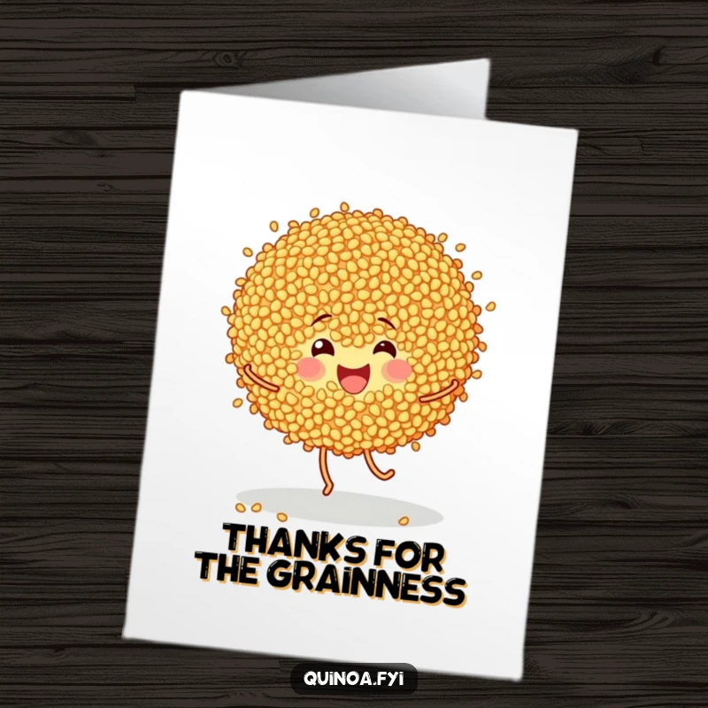 Funny Free Printable Thank You Card: Cheerful quinoa grains doing a happy little dance to show thanks.