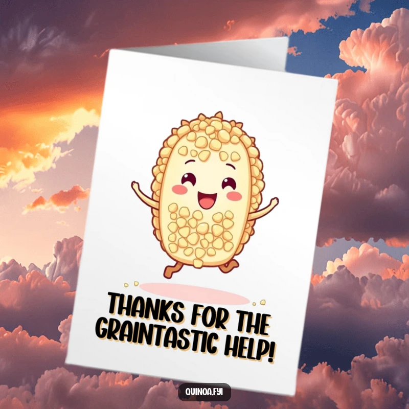 Funny Free Printable Thank You Card: A grateful quinoa grain character doing a joyful hop to say thanks.