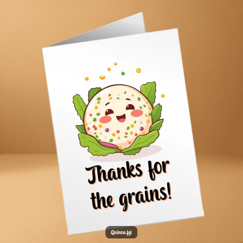 Funny Free Printable Thank You Card: A happy quinoa salad spinning with a cheerful expression, a delightful downloadable gift.