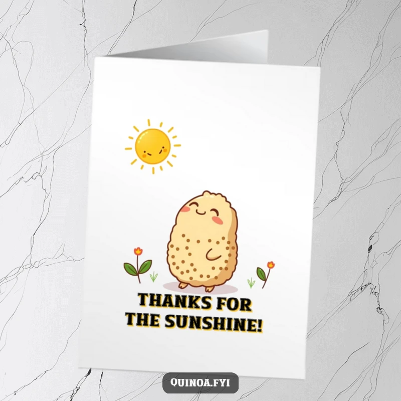 Funny Free Printable Thank You Card: Contented quinoa character basks in the glow of a smiling sun, thankful.