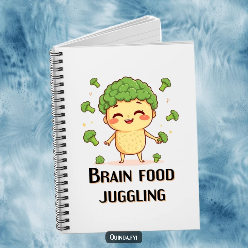 Funny Quinoa Juggling Notebook: A curious quinoa character grinning while juggling tiny broccoli florets, perfect for notes and doodles.