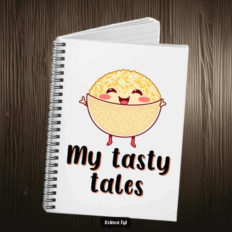 Funny Quinoa Notebook: Smiling quinoa bowl with tiny legs dances joyfully, inspiring healthy eating plans and culinary notes.