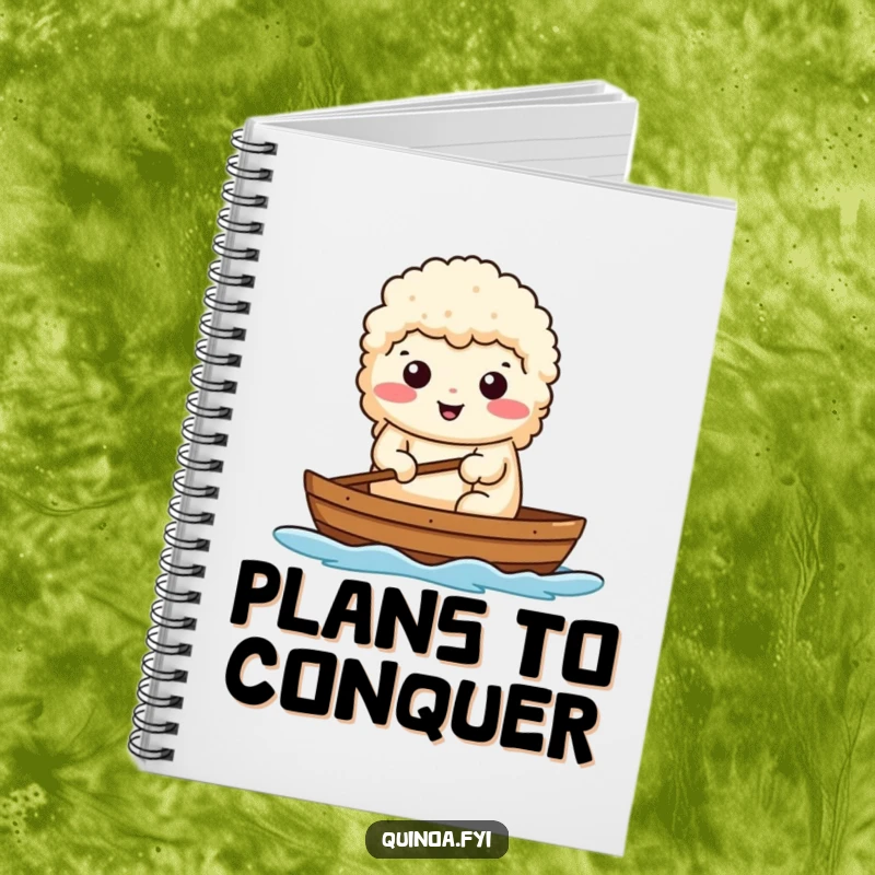 Funny notebook featuring a determined quinoa character rowing a boat, ideal for planning ambitious ventures.
