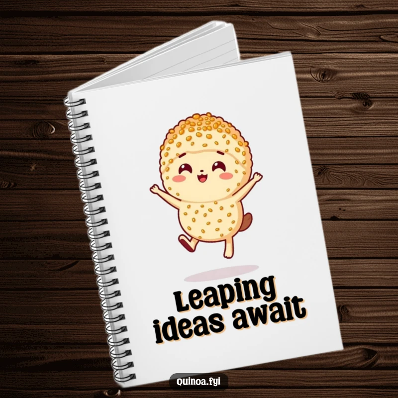 Funny anthropomorphic serving of quinoa with a happy expression, leaping across this humorous notebook.