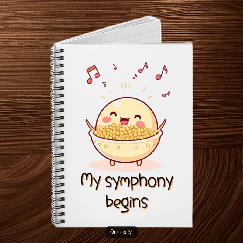 Funny beaming, anthropomorphic quinoa dish with musical notes floating notebook, inspiring creativity and organization with a musical theme.