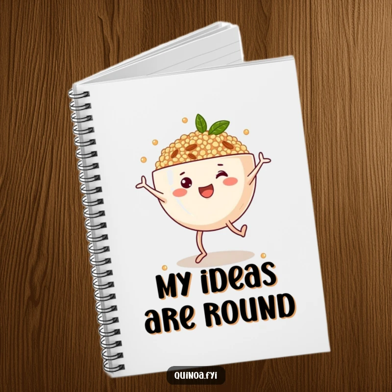 Funny notebook with a cheerful anthropomorphic quinoa bowl doing cartwheels, ideal for jotting down notes with a dose of healthy humor.