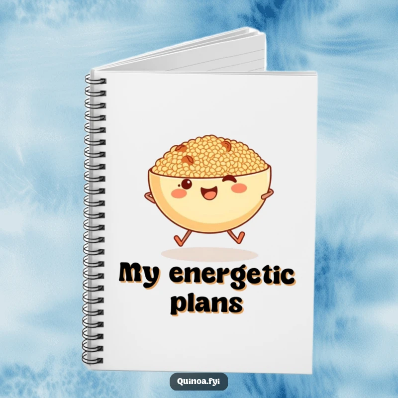 Funny anthropomorphic bowl of quinoa with tiny legs skipping across this humorous notebook.
