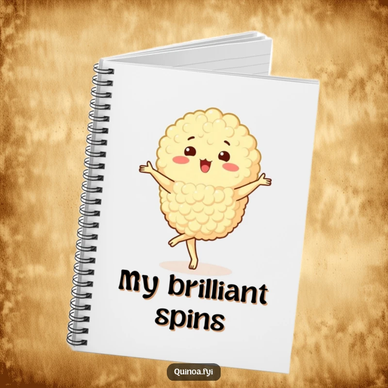 Funny Quinoa Cluster Notebook with a happy character performing a pirouette, designed for jotting down ideas with a touch of grace.