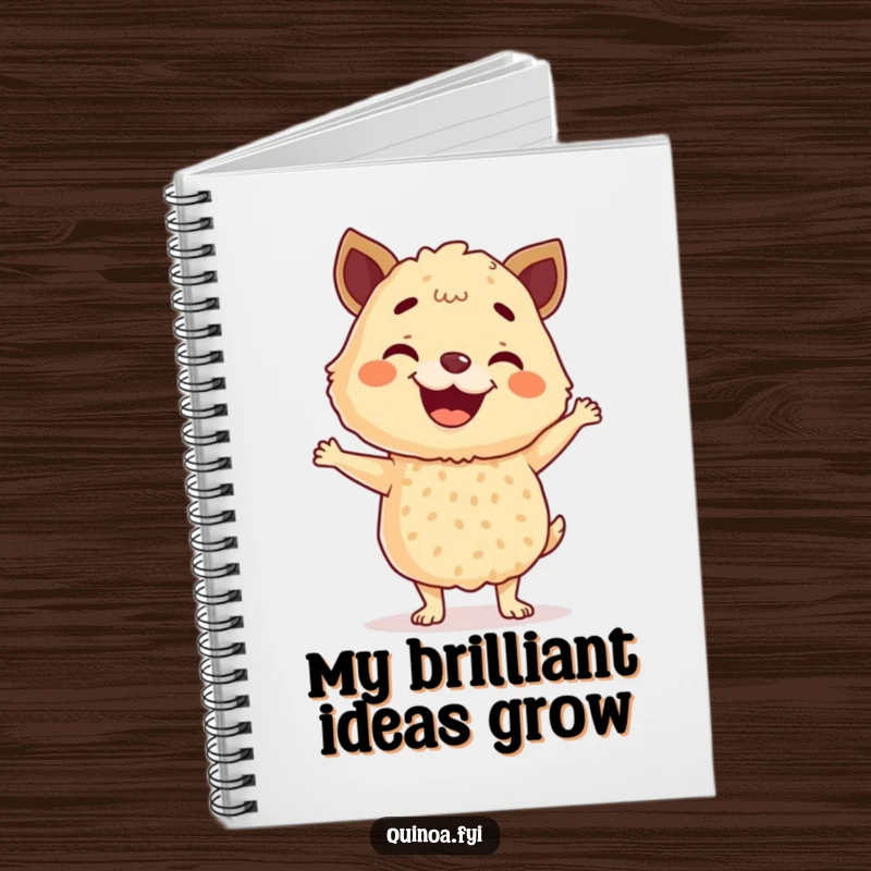 Funny Quinoa Notebook with a grinning, anthropomorphic quinoa blend in a lively happy dance, perfect for capturing inspired ideas and notes.