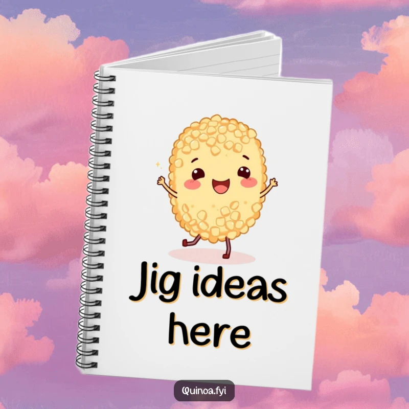 Funny Notebook with a happy quinoa grain performing a joyful jig on the cover, perfect for capturing humorous thoughts and creative ideas.