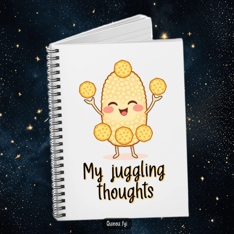 Funny Quinoa Notebook: A cheerful quinoa character juggling three smaller grains with a wink, ideal for jotting down notes with humor.