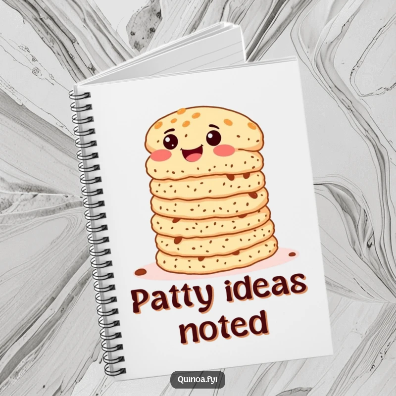 Funny Quinoa Patties Notebook featuring a stack of patties wiggling joyfully, ideal for recording recipes with a humorous touch.