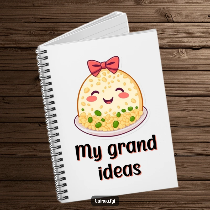 Funny Quinoa Plate Notebook with a beaming, happy grinning plate of food bowing, great funny gift for writers.