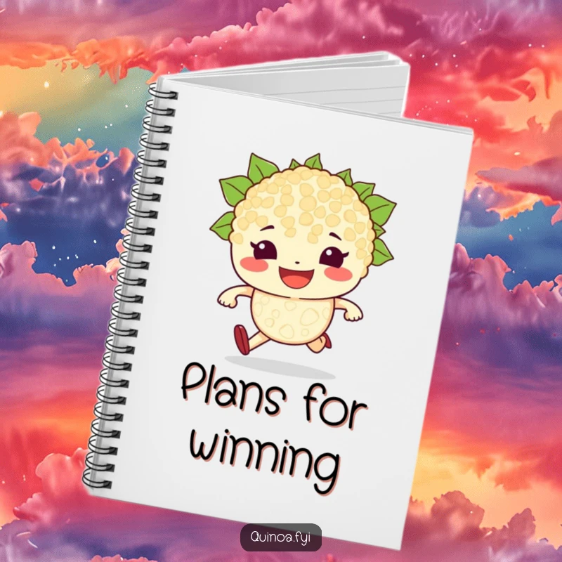 Funny notebook cover with a determined, grinning quinoa grain character ready to race, ideal for planning and taking notes with a humorous edge.