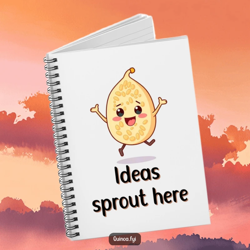 Funny quinoa seed character notebook, designed with a cheerful, bouncing seed, perfect for capturing notes and ideas with humor.