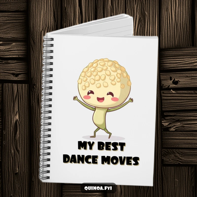 Funny Quinoa Sprout Notebook featuring a dancing character with wiggling roots, designed for jotting down ideas with a playful spin.