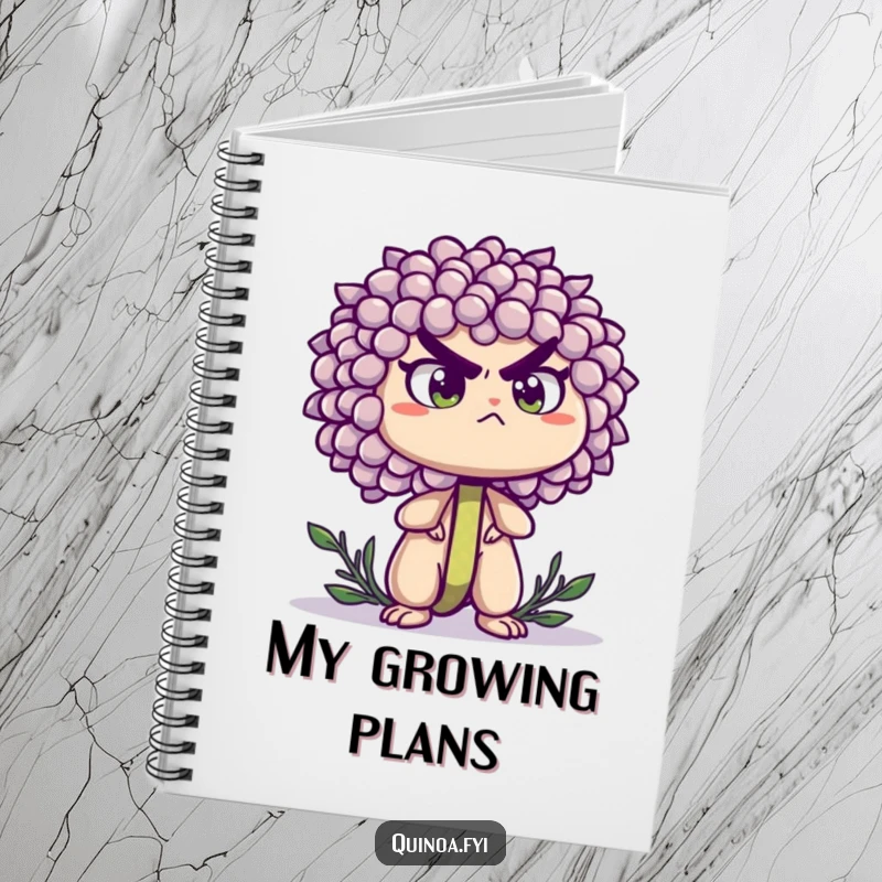 Funny notebook featuring a determined quinoa sprout standing tall with a resolute expression, perfect for jotting down ambitious goals.