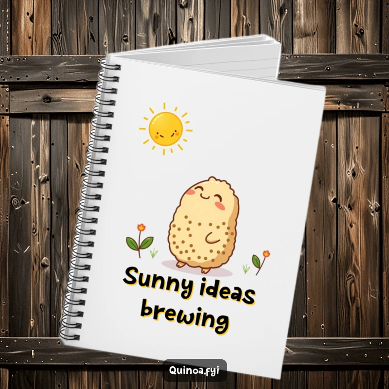 Funny notebook with a contented quinoa character looking up at a smiling sun graphic, perfect for jotting down bright ideas and positive thoughts.