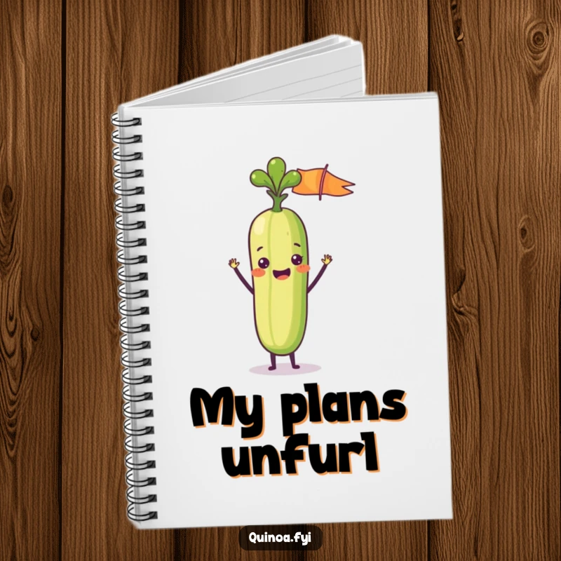 Funny notebook featuring a delighted anthropomorphic vegetable stick waving a tiny flag, ideal for jotting down notes with cheerful and celebratory energy.