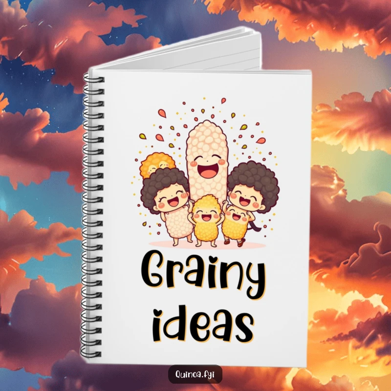 Funny notebook featuring a joyful explosion of laughing quinoa characters, inspiring creative writing and food-related notes.
