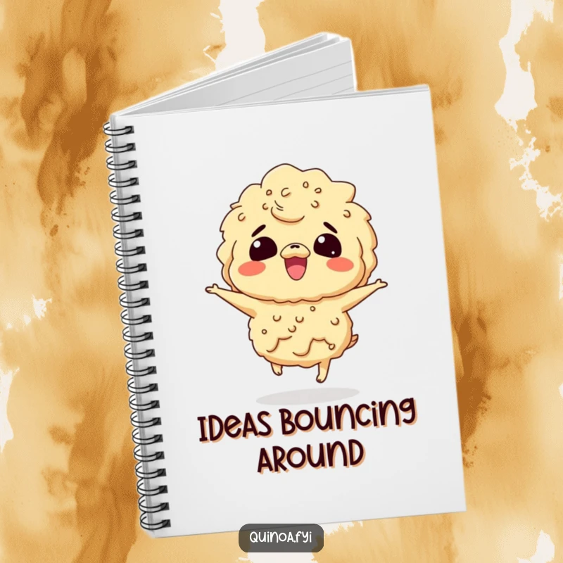 Funny notebook featuring a giggling quinoa character bouncing with enthusiasm, perfect for jotting down happy thoughts.