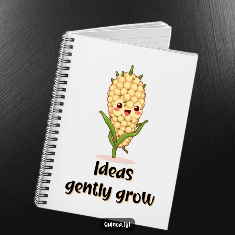 Funny quinoa stalk character notebook, featuring a gentle sway, perfect for jotting down peaceful thoughts and reflections.